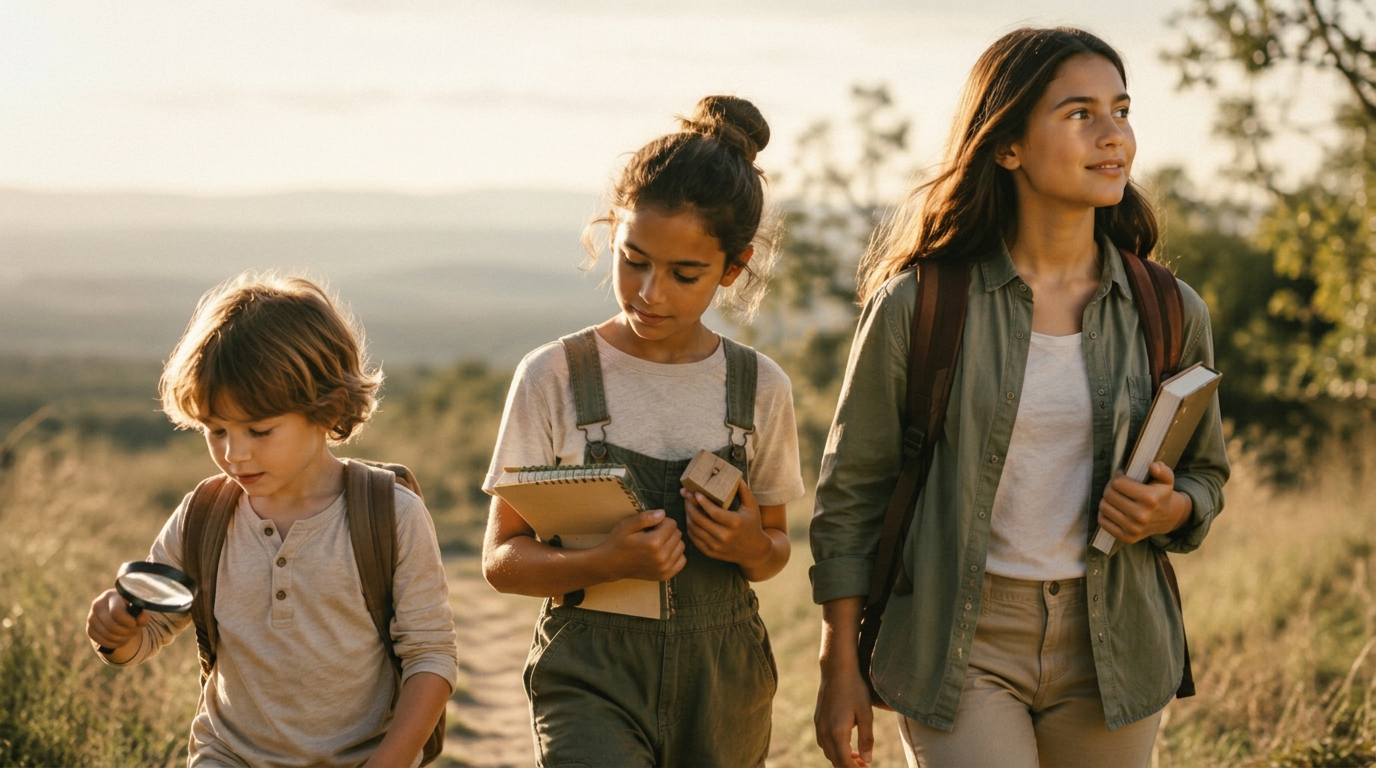 Três crianças e adolescentes caminhando ao ar livre — exploradores, construtores e protagonistas