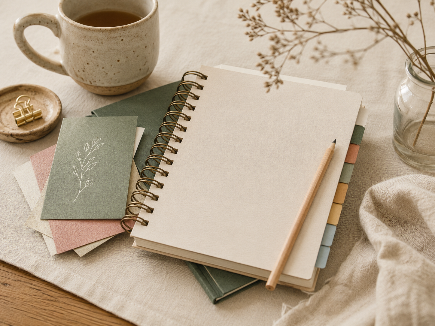Caderno espiral aberto ao lado de uma caneca, cartões e flores secas sobre a mesa